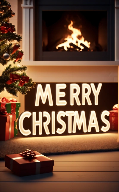 A Christmas tree with presents under a lit sign that says Merry Christmas on it and a fireplace in the background with a lit sign that says Merry Christmas, 4k uhd image, a 3d render, dau-al-set