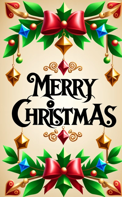 A Merry Christmas card with bells and bells on it's side and a Merry message in the middle of the card, with a bow and bells on the bottom of the card, plain background, computer graphics, folk art