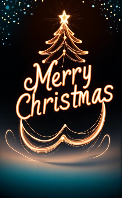 A Merry Christmas card with a lit Christmas tree on it's side and a star above it on a black background with snowflakes, dark background, a digital rendering, computer art