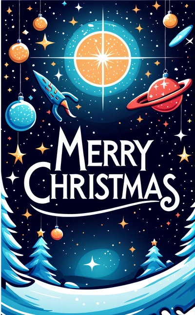 A Christmas card with a rocket, stars, and planets in the sky with a Merry Christmas message below it on a blue background with snow, plain background, vector art, space art