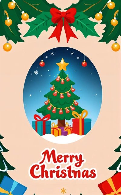 A Christmas card with a Christmas tree and presents under a snow globe with a Merry Christmas message below it and a red ribbon around the tree, plain background, a digital rendering, naive art