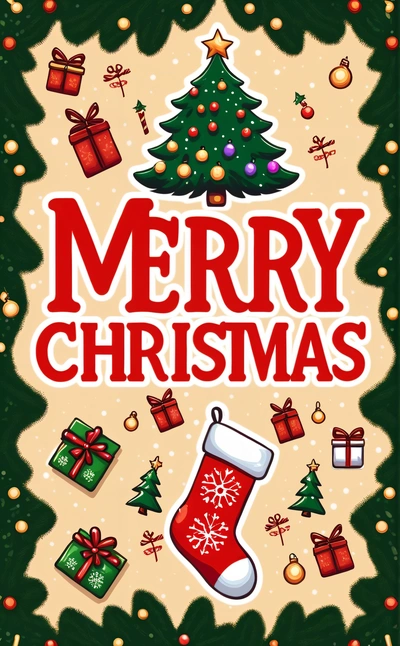 A Christmas card with a Christmas tree and presents on it, and a Merry Christmas message below it that reads, Merry Christmas, and a stocking, plain background, a digital rendering, naive art