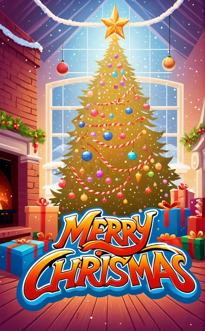 A Christmas tree with presents in front of a window with a Merry Christmas message on it and a star above it, in a room with a fireplace, for aaa game, a digital rendering, naive art