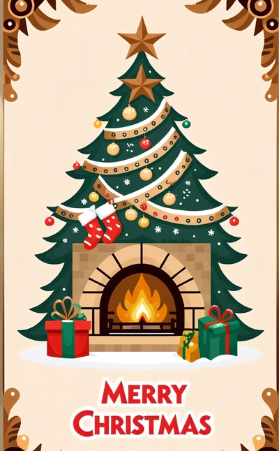 A Christmas card with a fireplace and a Christmas tree on it, with a Merry message below it, and a gold frame around the tree, plain background, a digital rendering, folk art