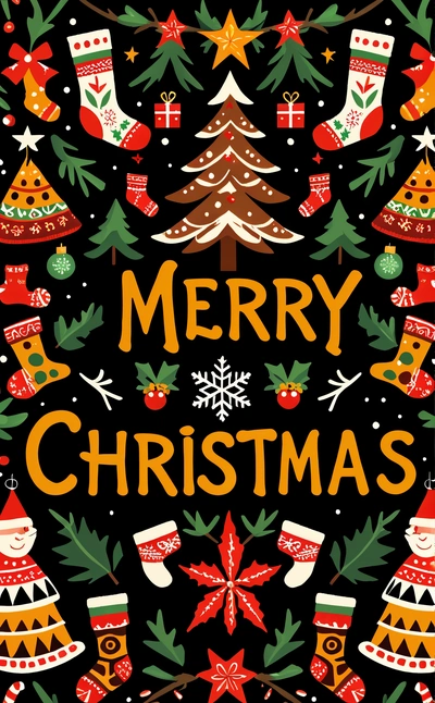 A Merry Christmas card with a Christmas tree and stockings on it, surrounded by other Christmas decorations and decorations, on a black background with, plain background, computer graphics, naive art