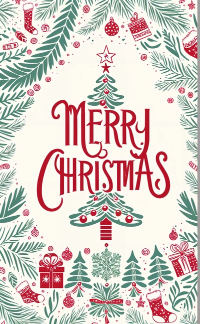 A Merry Christmas card with a wreath and presents on it, and a Merry message in the center of the card, on a white background, paper texture, a digital rendering, naive art