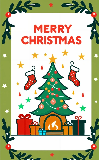 A Christmas card with a Christmas tree and stockings on it, and a fireplace with a lit candle in the middle of the card, and a green background with stars, plain background, computer graphics, naive art