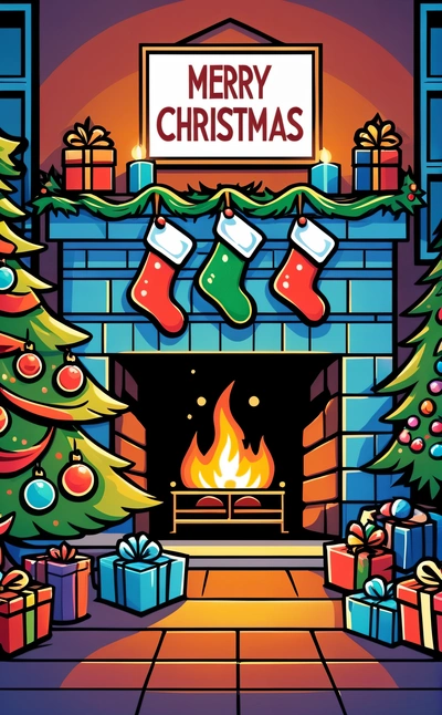 A Christmas fireplace with stockings and stockings hanging from it's mantle and presents around it, and a Merry Christmas sign above it that reads, plain background, a digital rendering, maximalism