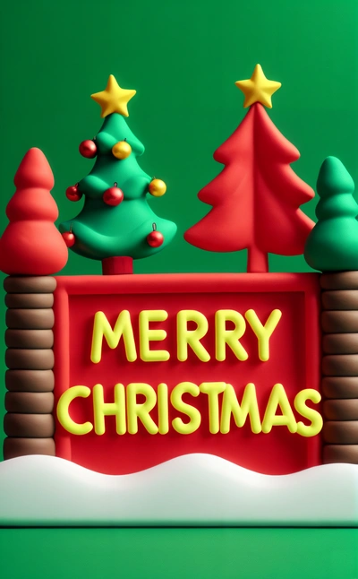 A Merry Christmas sign with a Christmas tree on top of it and a star on top of it, with a green background and a red sign with a yellow border, 3 d render, a digital rendering, naive art