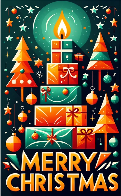 A Christmas card with a lit candle and presents on it, and a Merry Christmas message below it, in a green background with stars, highly detailed digital art, vector art, naive art