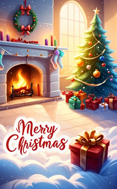 A Christmas card with a fireplace and a Christmas tree in the background with presents under it and a wreath on the mantle with a wreath, no text, computer graphics, sots art