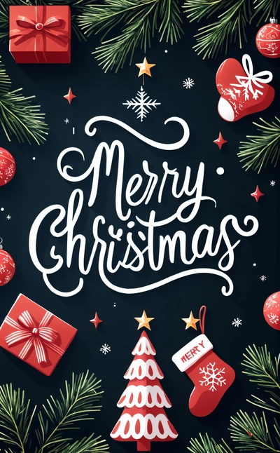 A Merry Christmas card with presents and ornaments on a black background with a Merry message in the center of the card and a red stocking, plain background, a digital rendering, naive art
