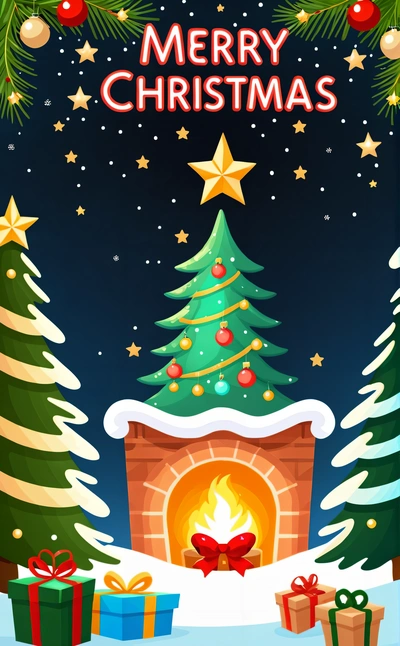 A Christmas card with a fireplace and presents under a tree with a star on top of it and a Merry Christmas message below it that reads, plain background, a storybook illustration, naive art