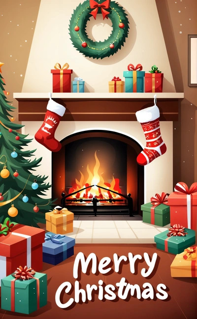 A Christmas fireplace with presents and stockings around it and a wreath on the mantle with a wreath on top of it and a wreath on the mantle, behance hd, a digital rendering, naive art