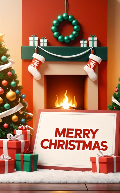 A Christmas fireplace with presents and a Merry sign in front of it with a Christmas tree in the background and a wreath on the mantle, behance hd, a digital rendering, computer art