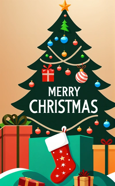 A Christmas tree with presents under it and a Merry Christmas sign above it that says Merry Christmas on the bottom of the tree and below, plain background, a digital rendering, naive art