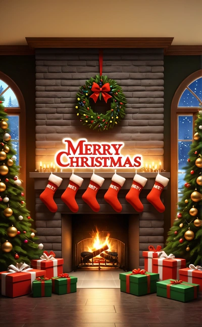 A fireplace with stockings and stockings hanging from it's mantle and a Christmas sign above it with a wreath and stockings hanging from the fireplace, behance hd, a digital rendering, naive art