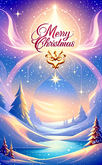 A Christmas card with a snowy landscape and a star above it, with a Merry Christmas message in the middle of the card, and a snow covered landscape, plain background, a digital rendering, naive art