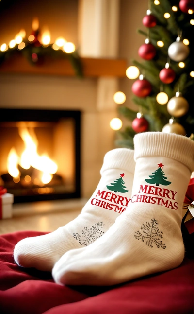 Two socks with Merry Christmas designs on them sitting in front of a fireplace with a Christmas tree in the background and a lit fireplace in the background, 4 k hd wallpaper, a digital rendering, dau-al-set