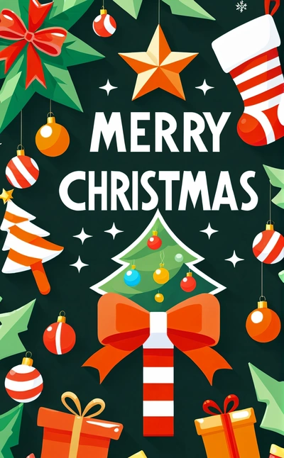 A Christmas card with a Christmas tree and presents on it, and a Merry message in the center of the card, with stars, and a star,, plain background, a digital rendering, naive art