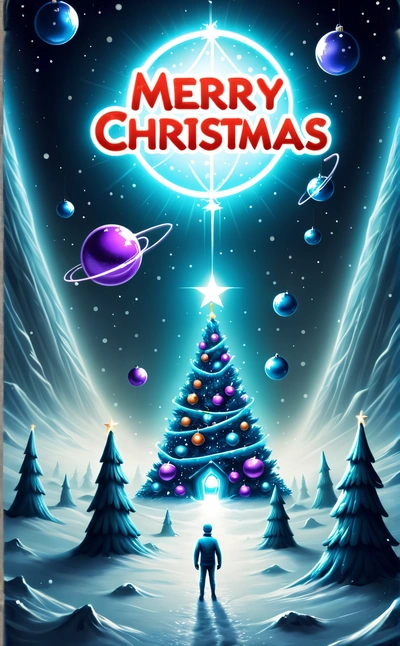 A man standing in front of a Christmas tree with a star above it and a planet in the background with a man standing in front of it, key art, poster art, space art