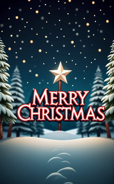 A Merry Christmas card with a star on top of a tree in the snow with a snowy background and a snowy landscape with snow falling, plain background, a digital rendering, naive art