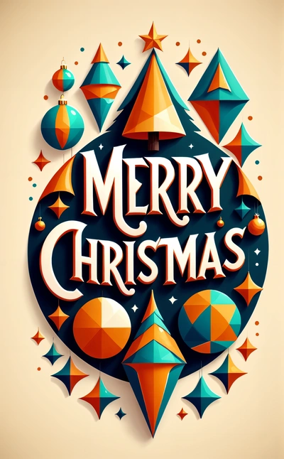 A Merry Christmas card with a stylized design and colorful shapes on it's side, with a star and a ball in the center, colorful flat surreal design, vector art, international typographic style