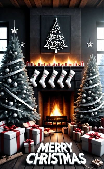 A Christmas scene with presents and a fireplace with a Merry Christmas sign on it and a Christmas tree with stockings and stockings on it,, cgstudio, a digital rendering, computer art