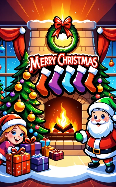 A Christmas scene with santa claus and a fireplace with presents and a Christmas wreath on it, and a Christmas tree with presents and a wreath, cheerful, a screenshot, naive art