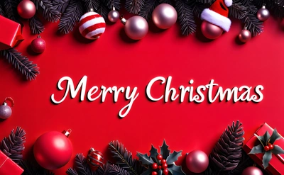 A red background with Christmas decorations and a Merry Christmas message on it's side with a red background with a red background and a red background with a red and white Christmas, post processed, a digital rendering, naive art
