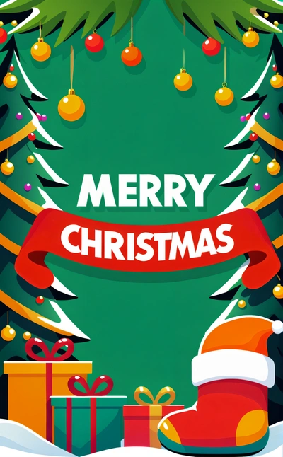 A Christmas card with a santa hat and presents under a Christmas tree with a Merry Christmas banner on it's side and a red ribbon, plain background, a digital rendering, naive art