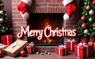 A fireplace with presents and a Christmas card in front of it with a Merry Christmas message on it and a fireplace with presents around it, post processed, a digital rendering, naive art