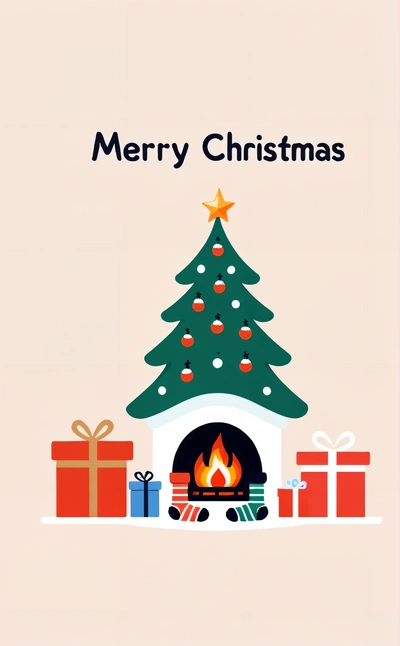 A Christmas card with a fireplace and presents on it, and a Merry Christmas tree in the corner of the card, with a star above the fireplace, poster, a digital rendering, naive art