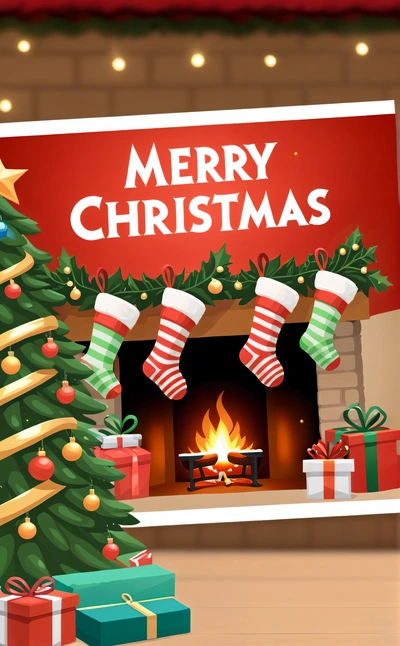 A Christmas tree with stockings and presents in front of a fireplace with a Merry Christmas sign on it's wall and a fire place, hd wallpaper, a digital rendering, naive art