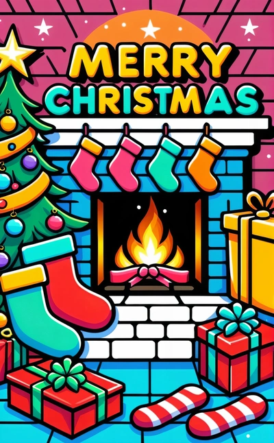 A Christmas card with a fireplace and stockings and stockings on it, and a Christmas tree in the corner of the card, with a star and a, behance hd, computer graphics, naive art