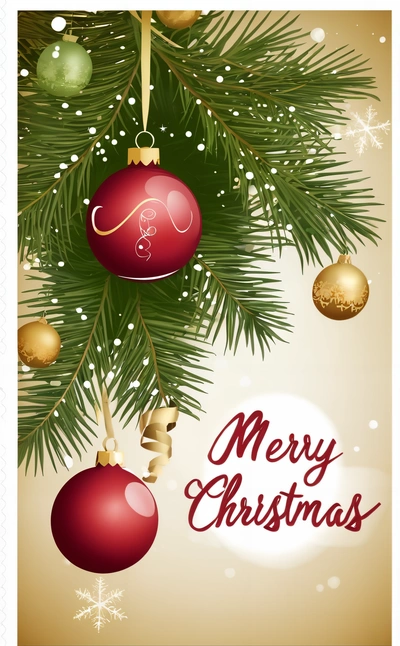 A Christmas card with ornaments hanging from a tree branch and a Merry message on the bottom of the card, with a snowflaket and snowflakes, plain background, a digital rendering, naive art