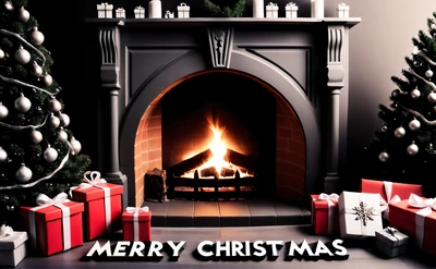 A fireplace with presents and a Christmas tree in front of it with a Merry Christmas message on it and a fireplace with a lit fire, unreal engine render, computer graphics, computer art