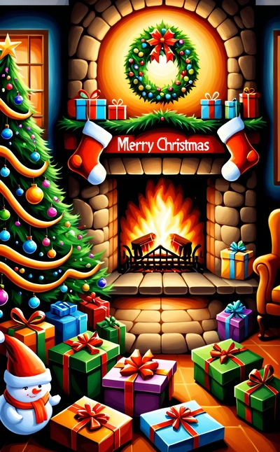 A Christmas fireplace with presents and a Christmas tree in the corner of the room with a wreath on it and a fire place with presents, hd wallpaper, a digital rendering, naive art