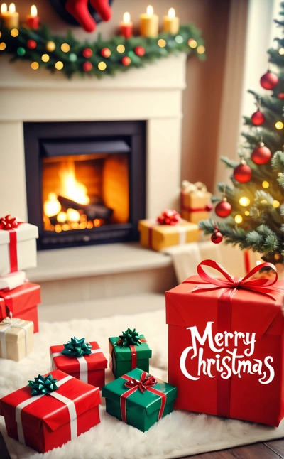A Christmas tree with presents and a fireplace in the background with a Merry Christmas sign on it's side and a lit fireplace in the background, 4k uhd image, a digital rendering, dau-al-set