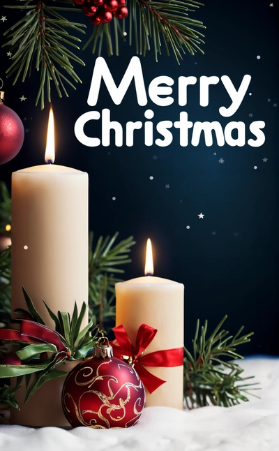 A Christmas card with two candles and a Christmas ornament on a snowy surface with a pine tree and a red baube, candles, a digital rendering, folk art