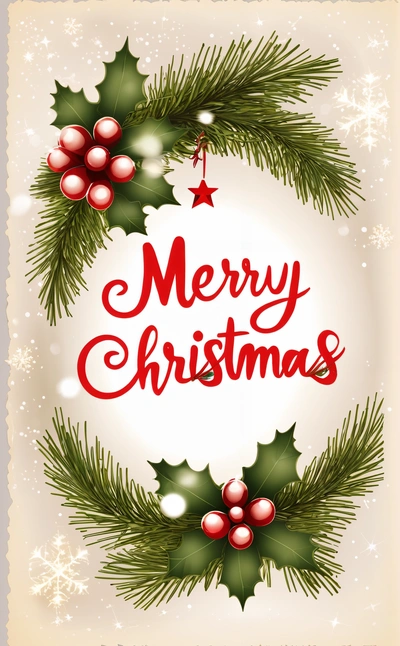 A Christmas card with holly and berries on it, and a Merry message in the middle of the card, on a white background with snowflakes, post processed, a digital rendering, naive art
