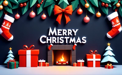 A Christmas fireplace with presents and stockings around it and a Merry Christmas message on the wall above it with a fireplace surrounded by Christmas decorations, 3 d render, a 3d render, computer art