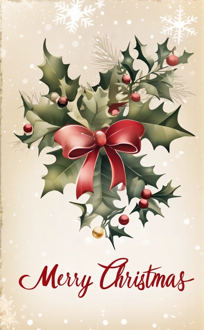 A Christmas card with holly and bells on it, with a red bow and a red ribbon on the front of the card, and a snowflakes and snowflakes on the bottom, behance hd, a digital rendering, folk art