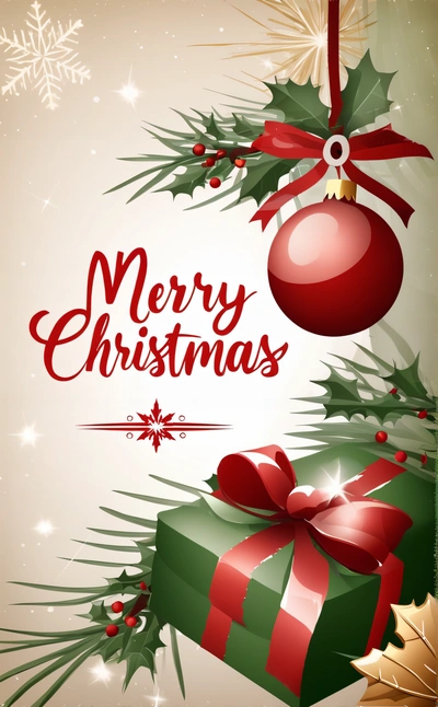 A Christmas card with a gift box and a holly tree branch with a red bow and a Merry Christmas message on it, on a beige background with snowflakes, post processed, a digital rendering, naive art