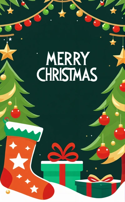 A Christmas card with a Christmas tree and presents under a Christmas tree with a Merry Christmas message below it and a green background with stars, plain background, a digital rendering, naive art