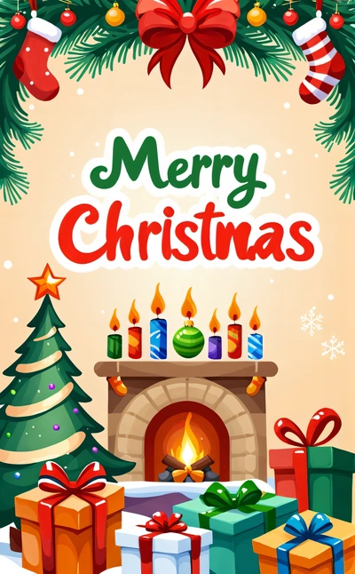 A Christmas card with presents and a fireplace with a Merry Christmas message on it and a Christmas tree with presents and a lit candle in the center, post processed, computer graphics, naive art