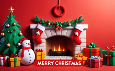 A Christmas scene with a fireplace and presents under a Christmas tree with a Merry Christmas message below it that reads Merry Christmas, with a snowman, 4k uhd image, a digital rendering, naive art