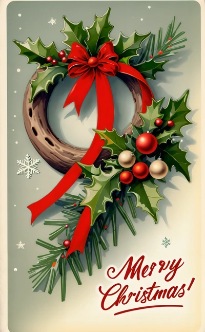 A Christmas card with a wreath and a red ribbon on it's front and a snowflake on the back of the card, poster, a digital rendering, folk art