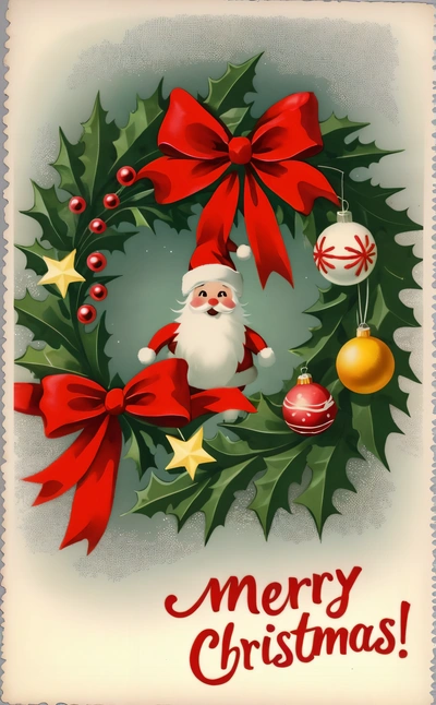 A Christmas card with a santa clause and a wreath with ornaments on it and a bow on the front of the card, and a star and a baub, poster, a digital rendering, folk art