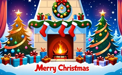 A Christmas fireplace with presents and a wreath on top of it with a Merry Christmas message below it and a wreath on top of the fireplace, behance hd, computer graphics, naive art
